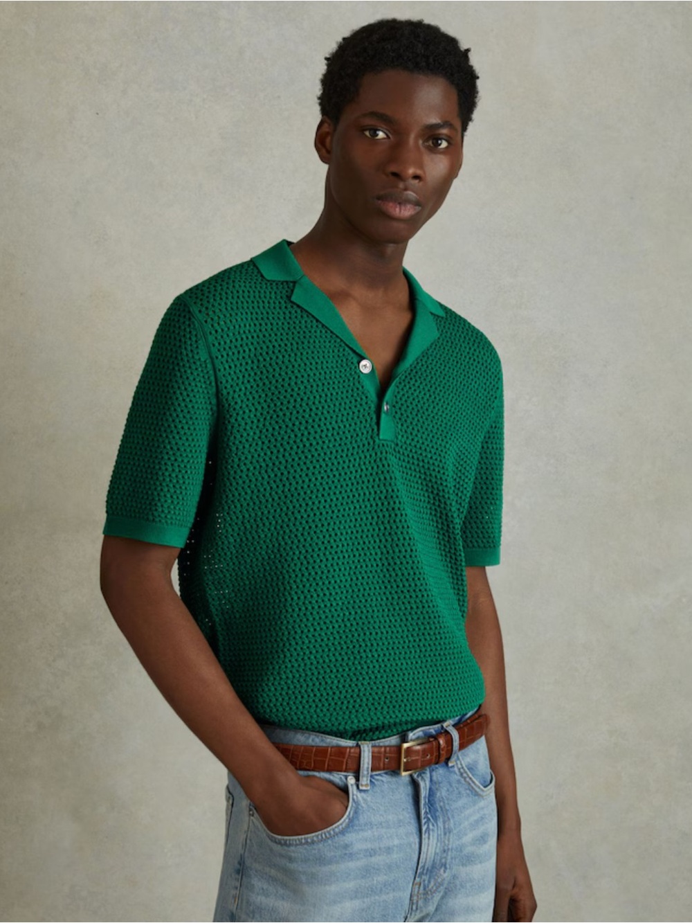 Reiss Fargo Knitted Cuban Collar Polo Shirt in Bright Green mens